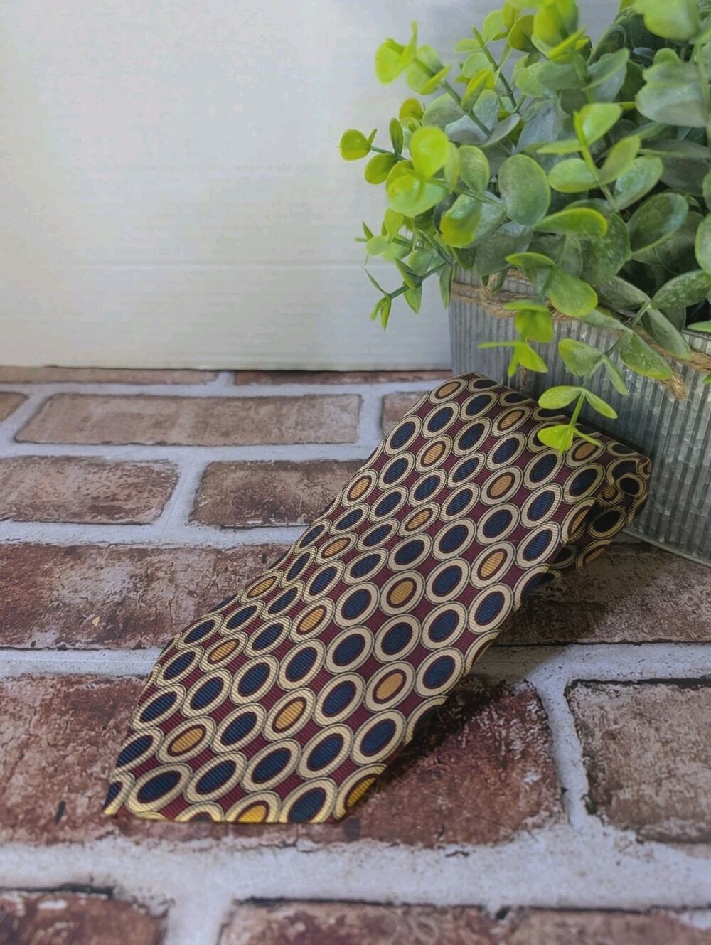 Vintage Lands End Silk Tie Wine Red Blue Geometric Ovals Classic Preppy Retro